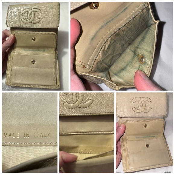 AUTHENTIC CHANEL Neutral Caviar Leather Interlocking C CC Vintage Logo Wallet - Picture 16 of 16